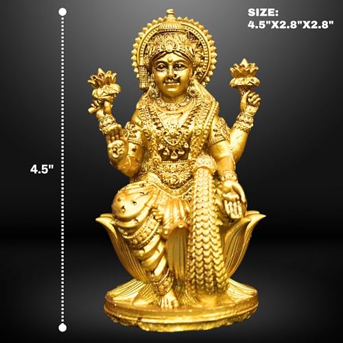 NEEANN Goddess Lakshmi Laxmi Devi MATA Idol - 4.5 Inches Polystone Material Murti - Colour - Brass, Silver – Perfect Statue for Car Dashboard, Home, and Office Decor Indian God Small Size (Brass) - Image 2