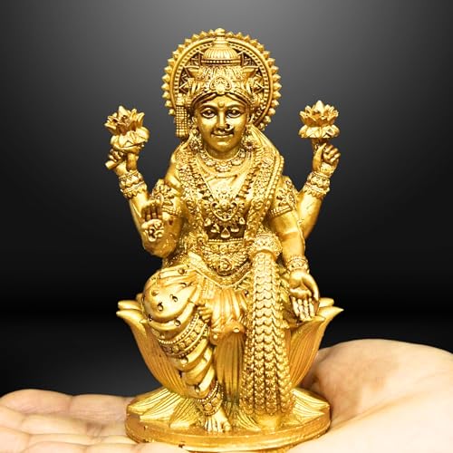 NEEANN Goddess Lakshmi Laxmi Devi MATA Idol - 4.5 Inches Polystone Material Murti - Colour - Brass, Silver – Perfect Statue for Car Dashboard, Home, and Office Decor Indian God Small Size (Brass) - Image 1