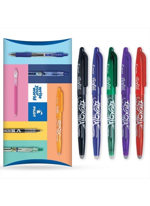 Frixion Heat/Friction Erasable Rollerball Pen FR7 - Medium Line 0.7mm Tip Nib - Essential Wallet Pack of 5 - Black, Blue, Red, Green & Violet