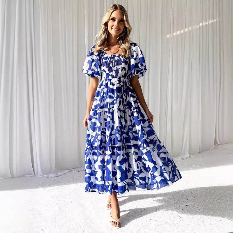 2026 Spring/Summer Elegant Printed Off-Shoulder Puff Sleeve Fashionable Dress - Image 3