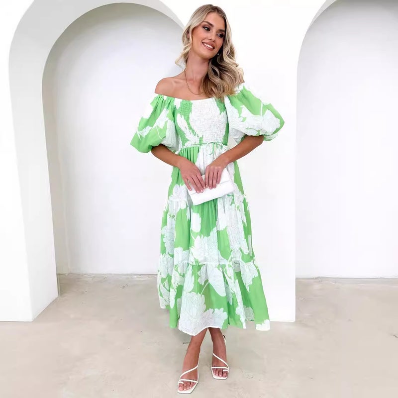 2026 Spring/Summer Elegant Printed Off-Shoulder Puff Sleeve Fashionable Dress - Image 4