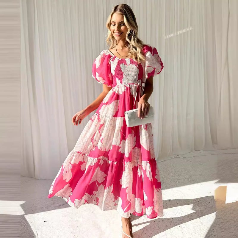 2026 Spring/Summer Elegant Printed Off-Shoulder Puff Sleeve Fashionable Dress - Image 5