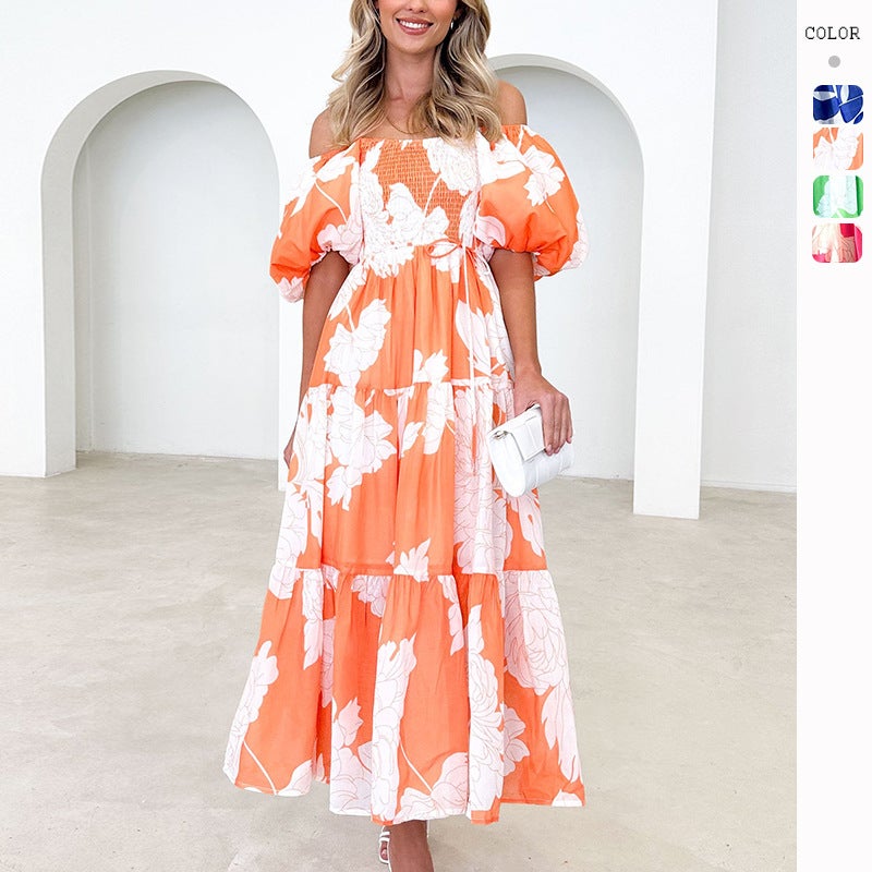 2026 Spring/Summer Elegant Printed Off-Shoulder Puff Sleeve Fashionable Dress - Image 2