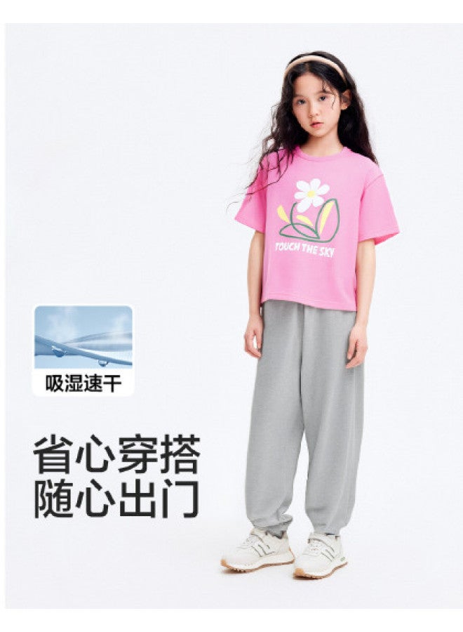 Balabala Quick-dry Girls' Summer Set - 2-piece Printed Top & Knit Mosquito-repellent Pants For Big Kids, Trendy Sportswear - Image 1