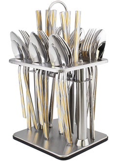 Berger 24 piece silverware flatware cutlery set with square stand, stainless steel includes 6 knife, fork, tea spoon, dinner mirror polished, dishwasher safe  - Image 1
