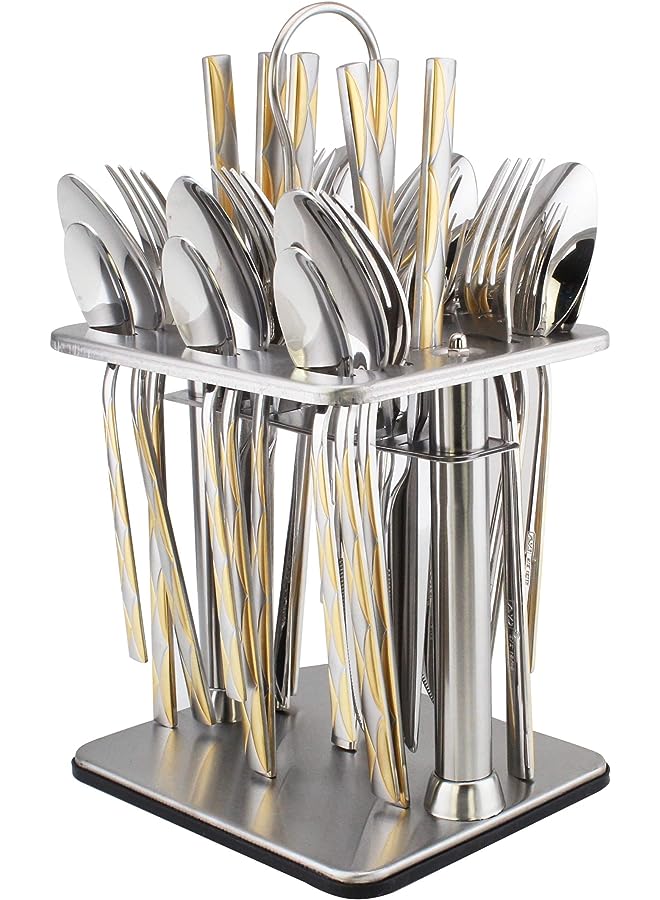 Berger 24 piece silverware flatware cutlery set with square stand, stainless steel includes 6 knife, fork, tea spoon, dinner mirror polished, dishwasher safe - Image 1