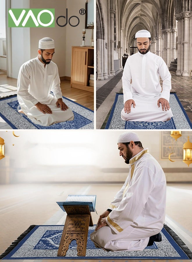 فاو دو 2 قطعة سجادة صلاة إسلامية مع مسبحة، سجادة صلاة محمولة للسفر، سجادة صلاة إسلامية، سجادة صلاة كبيرة ناعمة للرجال والنساء، زرقاء - Image 2