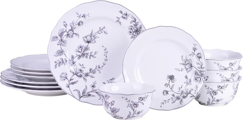 222 Fifth Bellamy Black 12Piece Porcelain Dinnerware Set  Service for 4 Dinner Plates Salad Plates  Cereal Bowls Durable Porcelain for Daily Dining  Entertainment Microwave  Dishwasher Safe - Image 1