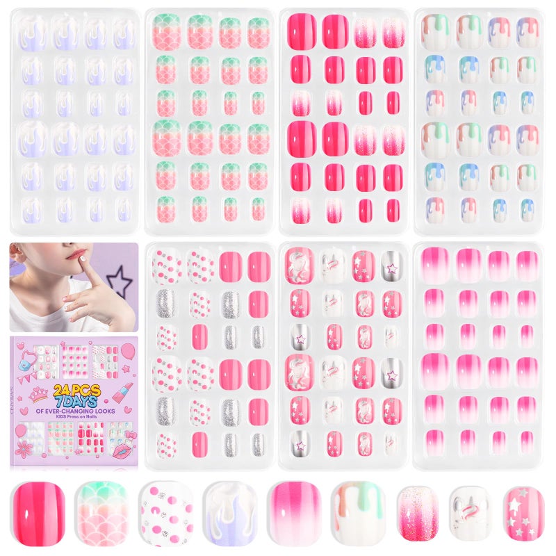 SAVILAND 168Pcs 7 Pack Press on Nails for Kids Children Fake Nails Stick on Nails Pre-glue Full Cover Glitter Gradient Color Star Short Acrylic Nail Tips Nail Art Christmas Easter Gifts for 8-12 Year - Image 1