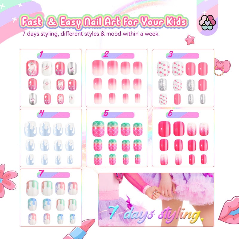 SAVILAND 168Pcs 7 Pack Press on Nails for Kids Children Fake Nails Stick on Nails Pre-glue Full Cover Glitter Gradient Color Star Short Acrylic Nail Tips Nail Art Christmas Easter Gifts for 8-12 Year - Image 2