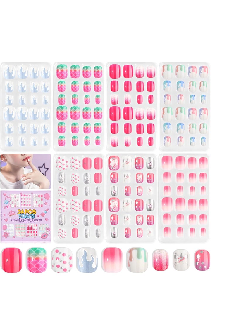 Saviland SAVILAND 168Pcs 7 Pack Press on Nails for Kids Children Fake Nails Stick on Nails Pre-glue Full Cover Glitter Gradient Color Star Short Acrylic Nail Tips Nail Art Gifts for 8-12 Year Old Kids Girls  - Image 1