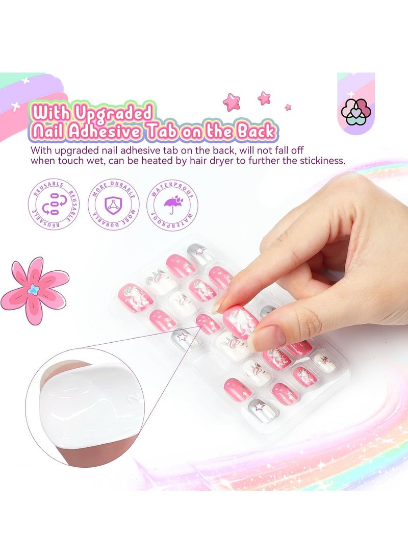 Saviland SAVILAND 168Pcs 7 Pack Press on Nails for Kids Children Fake Nails Stick on Nails Pre-glue Full Cover Glitter Gradient Color Star Short Acrylic Nail Tips Nail Art Gifts for 8-12 Year Old Kids Girls  - Image 3