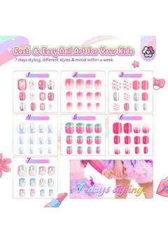 Saviland SAVILAND 168Pcs 7 Pack Press on Nails for Kids Children Fake Nails Stick on Nails Pre-glue Full Cover Glitter Gradient Color Star Short Acrylic Nail Tips Nail Art Gifts for 8-12 Year Old Kids Girls  - Image 2