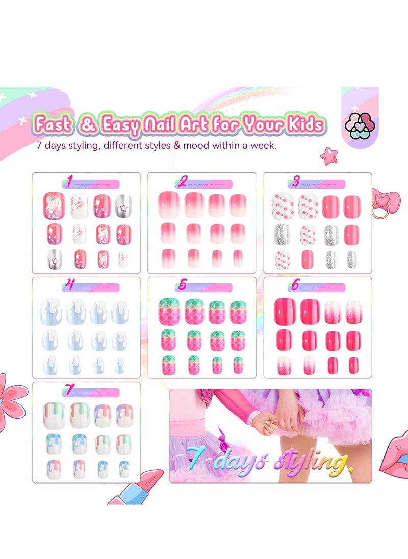 Saviland SAVILAND 168Pcs 7 Pack Press on Nails for Kids Children Fake Nails Stick on Nails Pre-glue Full Cover Glitter Gradient Color Star Short Acrylic Nail Tips Nail Art Gifts for 8-12 Year Old Kids Girls  - Image 2