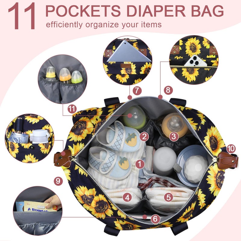 Pritent Diaper Bag Tote - Diaper Baby Bags with Pacifier Case, Shoulder Straps, Stroller Clips, Waterproof Large Mommy Maternity Travel Baby Bag for Mom and Dad, Sunflower, Medium - Image 5