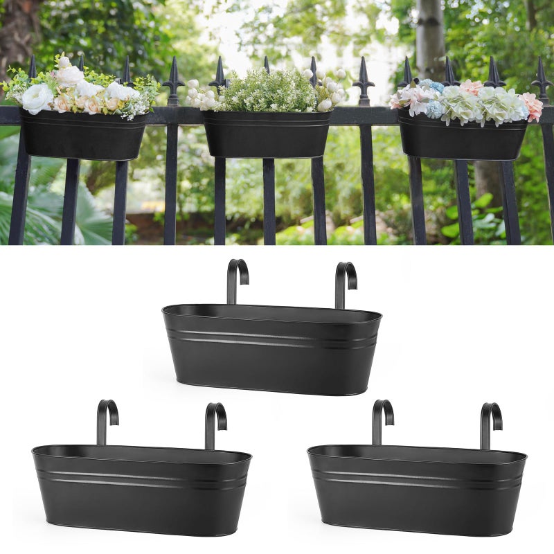 Dahey 3 Pcs Metal Hanging Flower Pots for Railing Fence Outdoor Planter 157 Inch Hanging Bucket Pots Countryside Window Flower Plant Holder with Detachable Hooks for Garden Yard Home DecorBlack