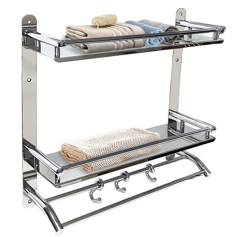 Volo Stainless Steel Multi-Purpose Double Shelf Rack with Towel Rod - Wall-Mounted Rack for Towels and Napkins - Image 1