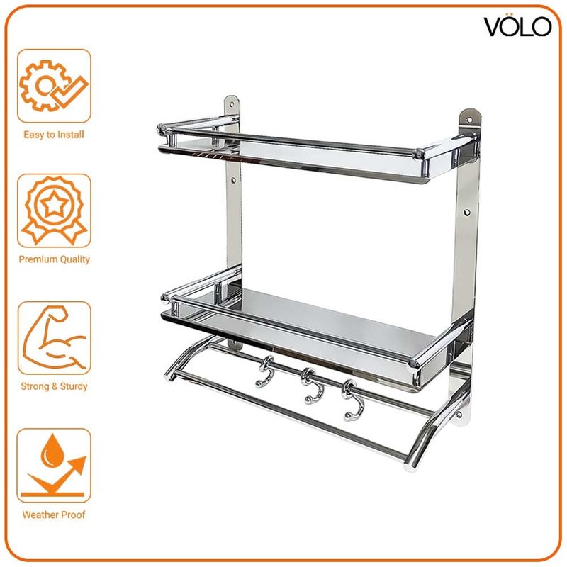 Volo Stainless Steel Multi-Purpose Double Shelf Rack with Towel Rod - Wall-Mounted Rack for Towels and Napkins - Image 4