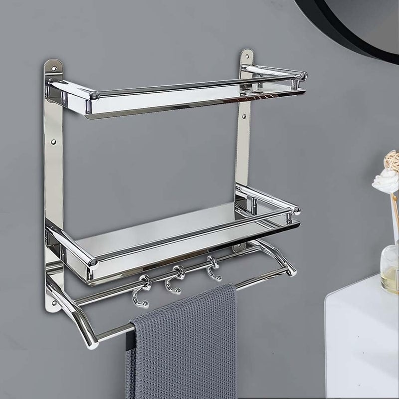 Volo Stainless Steel Multi-Purpose Double Shelf Rack with Towel Rod - Wall-Mounted Rack for Towels and Napkins - Image 3