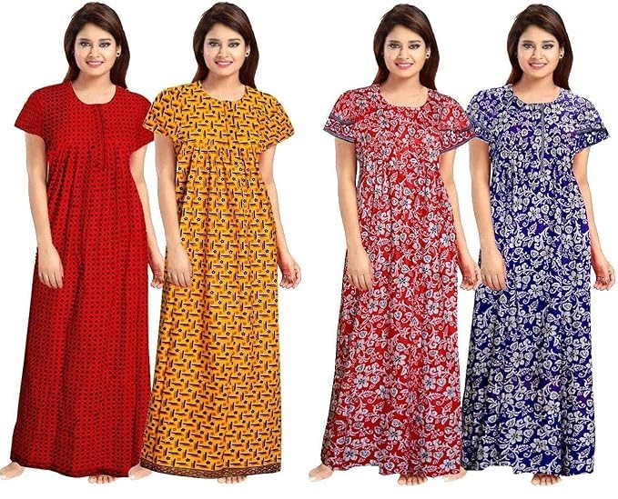 Vlazom Women's Cotton Nightgown – Pack of 4 Printed Maxi Nighties | Ankle Length Night Dress | Free Size Sleepwear (Option-10, Free Size) - Image 1