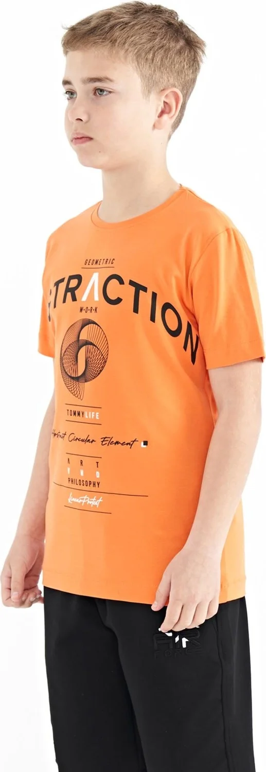 Tommy Life Orange Text Print Detailed O Neck Standard Pattern Boy T-Shirt - 11103