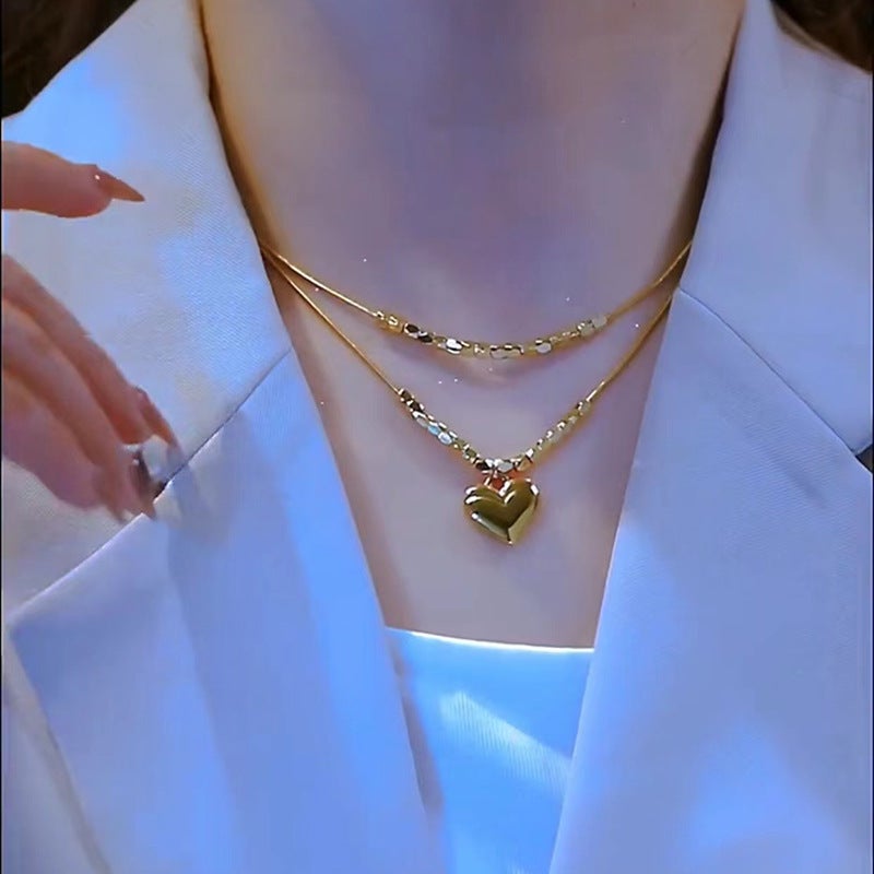 Women's Double Layer Heart Snake Bone Chain Necklace, Titanium Steel Delicate Clavicle Chain - Image 4