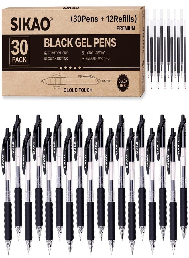 Sikao Black Gel Pens Bulk 30 Pack + 12 Refills, Black Ink 0.7mm Fine Point Smooth Writing No-Smudge, Gel Ink Pens Black with CLOUD TOUCH GRIP, Retractable Click Pens for Office, School, Teachers & Servers - Image 1