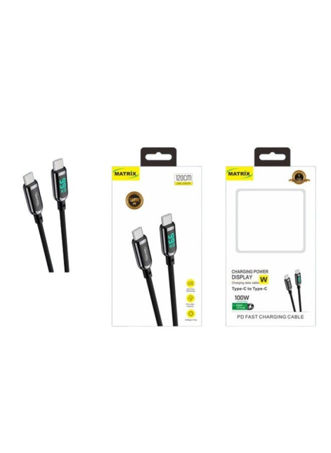 MATRIX Matrix Type-C to Type-C Cable with Charging Power Display - 100 W - 1.2 Meter - Black - MX 500  - Image 1