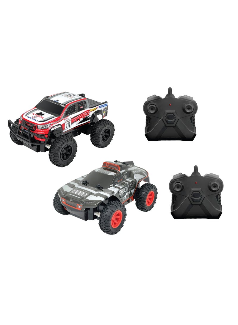 D-Power مجموعة سيارات RC توأم بمقياس 1:24 - AUDI RS Q e-tron داكار رالي و TOYOTA HILUX AXCR | مجموعة شاحنة دفع رباعي بالتحكم عن بعد 2.4GHz مع بطاريات مضمونة | للأطفال من عمر 6 سنوات فما فوق - Image 1