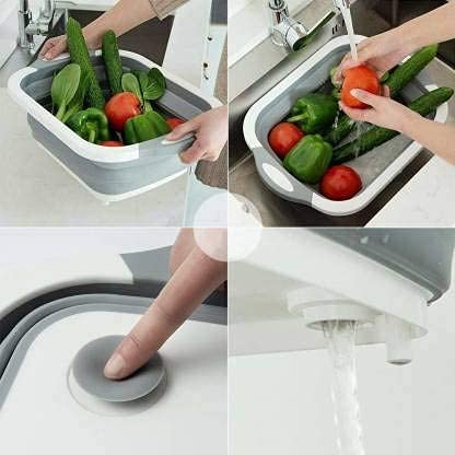 Aider Multifunctional SiliconBased Kitchen Foldable Cutting Chopping Board Collapsible Dish Tub Vegetable Fruit Washing Draining Basket with Plug Multi Color Pack of 1 - Image 4