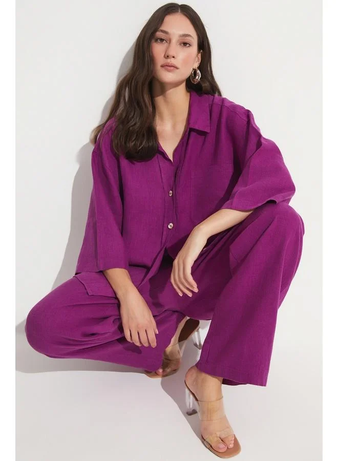 JUNE June Women Exclusive 100% Linen Elastic Waist Trouser Damson