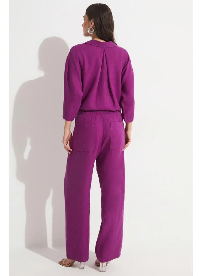 JUNE June Women Exclusive 100% Linen Elastic Waist Trouser Damson