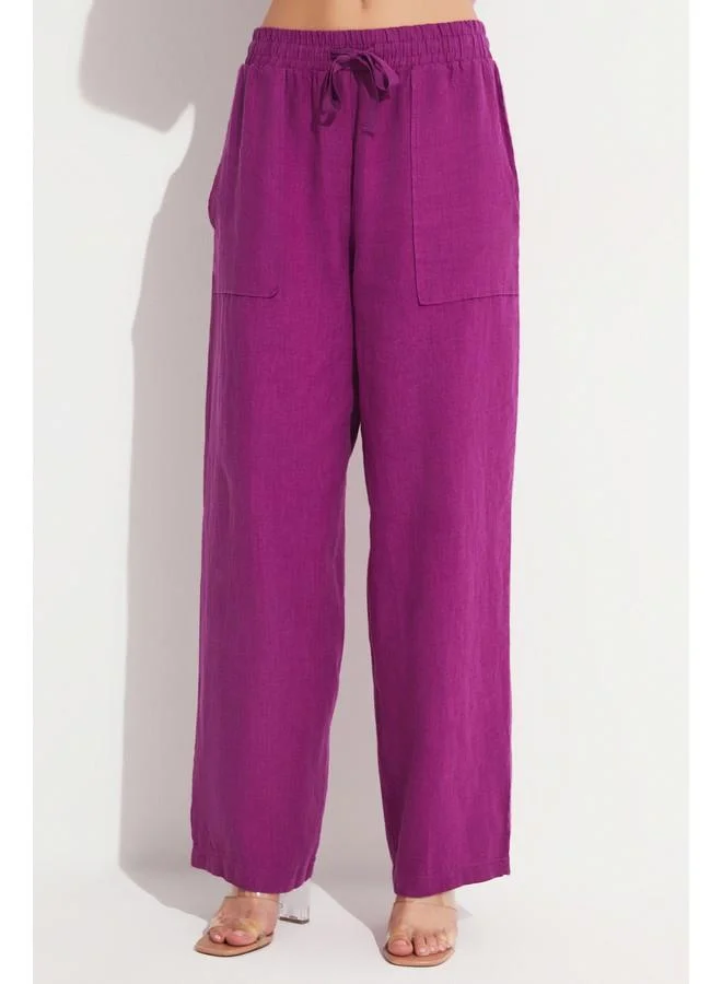 JUNE June Women Exclusive 100% Linen Elastic Waist Trouser Damson