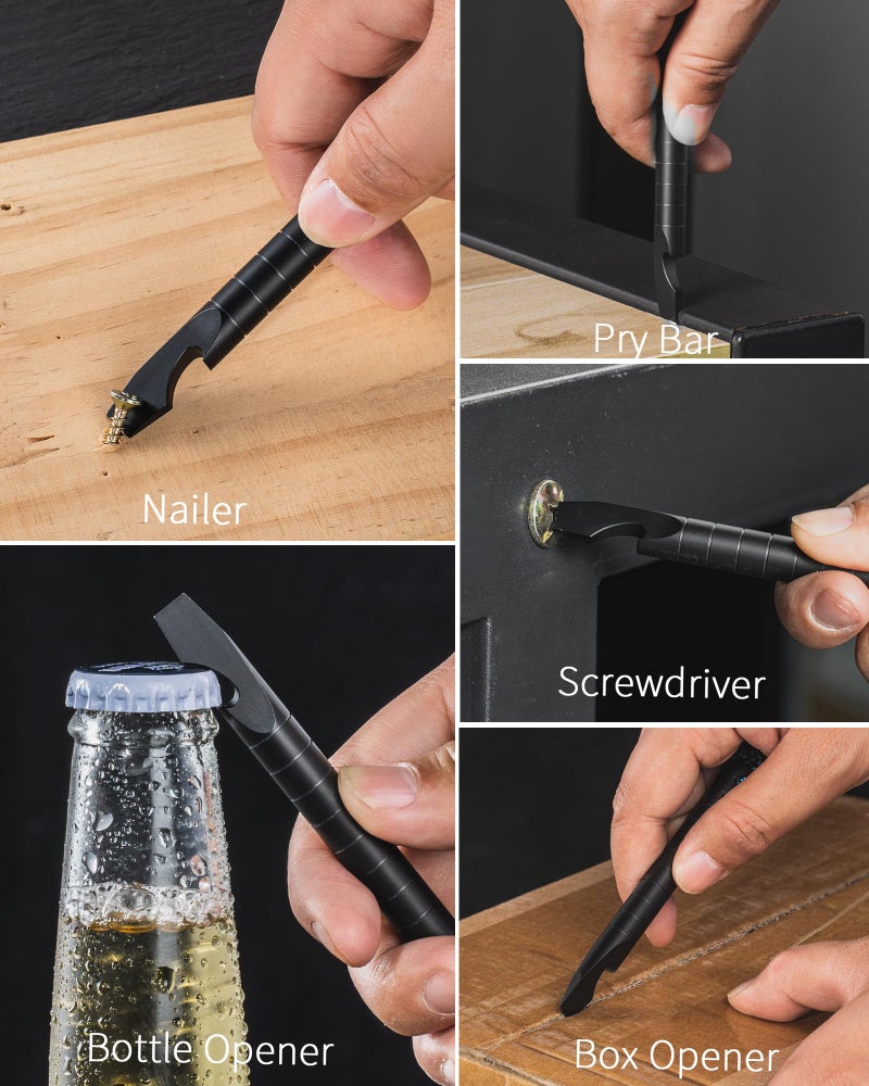 TISUR Titanium EDC Pry Bar, Keychain Prybar Multitool With Bottle Opener, 6 in 1 Portable Pocket Mini Crowbar Tool (Black) - Image 4