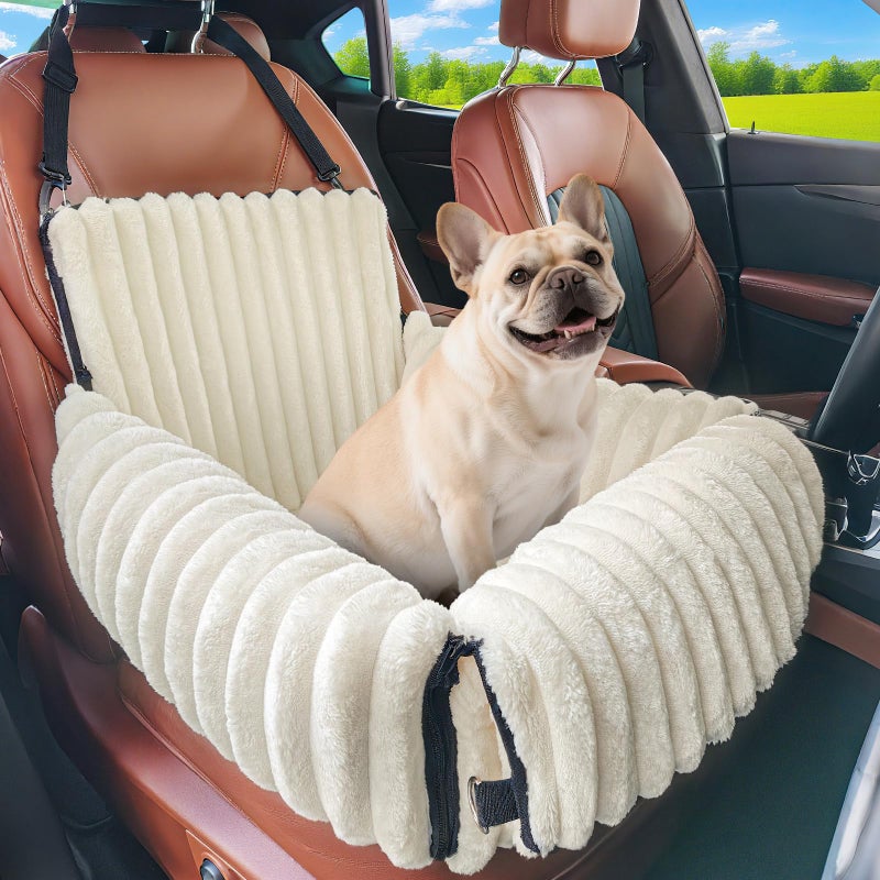 MIXJOY Dog Car Seat for Small/Medium Dogs, Memory Foam Pet Booster Seat for Cars with Clip-On Safety Leash, Soft Travel Carrier for Puppy up to 25 lbs, Detachable and Washable Dog Car Ded, Beige - Image 1