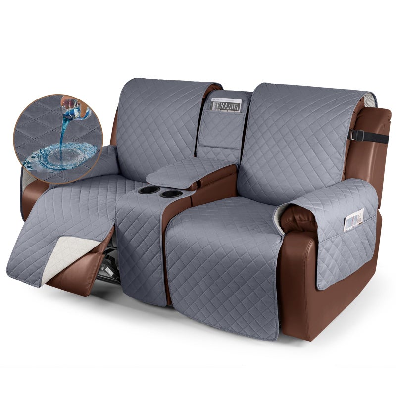 KinCam 100 Waterproof Recliner Loveseat Cover with Console NonSlip Reclining Couch Covers for 2 Seat Recliner Sofa Cover Furniture Protector with Elastic Straps for Kids Pets Dark Gray