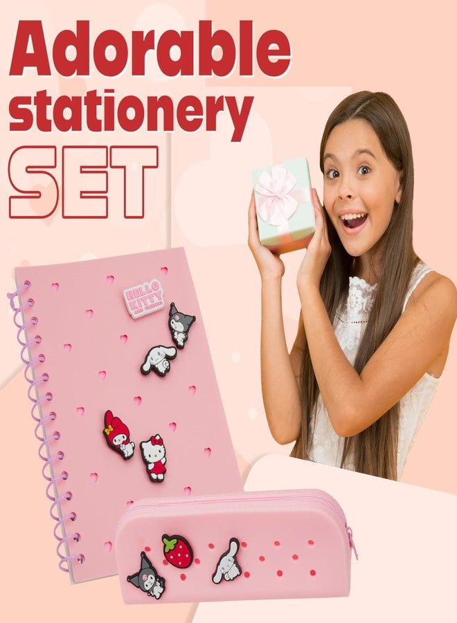 Hello Kitty دفتر مخصص بحجم A5 من هالو كيتي وحافظة أقلام بسحاب، مجموعة قرطاسية كاواي مع دبابيس شخصية تشيبي وملاحظات لاصقة، هدايا أنمي للأطفال - Image 2