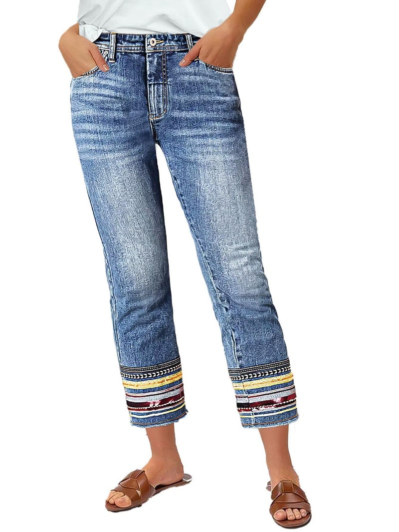 Flamingals Straight Leg Cropped Jeans for Women Trendy Mid Rise Stretchy Tribal Embroidery Raw Hem Ankle Jeans Light Blue M - Image 1