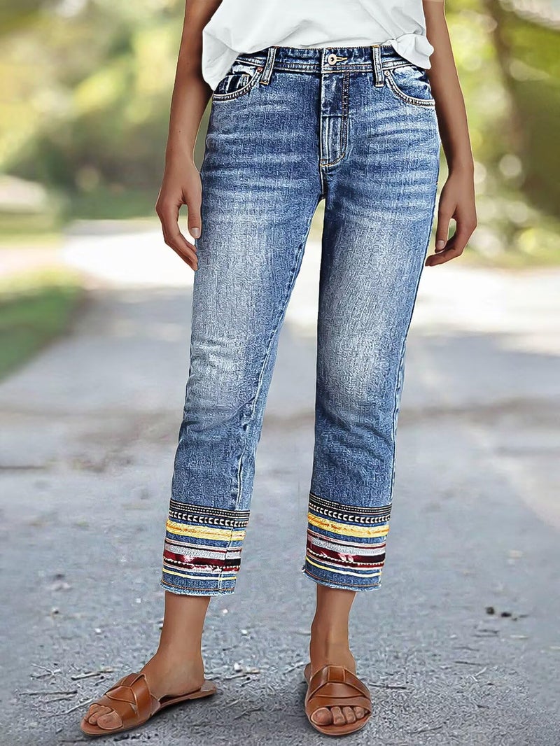 Flamingals Straight Leg Cropped Jeans for Women Trendy Mid Rise Stretchy Tribal Embroidery Raw Hem Ankle Jeans Light Blue M - Image 2