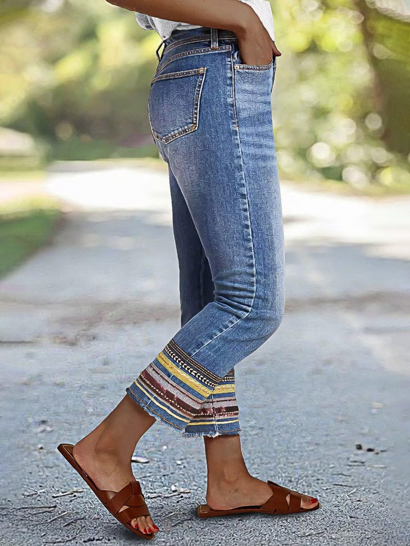 Flamingals Straight Leg Cropped Jeans for Women Trendy Mid Rise Stretchy Tribal Embroidery Raw Hem Ankle Jeans Light Blue M - Image 3