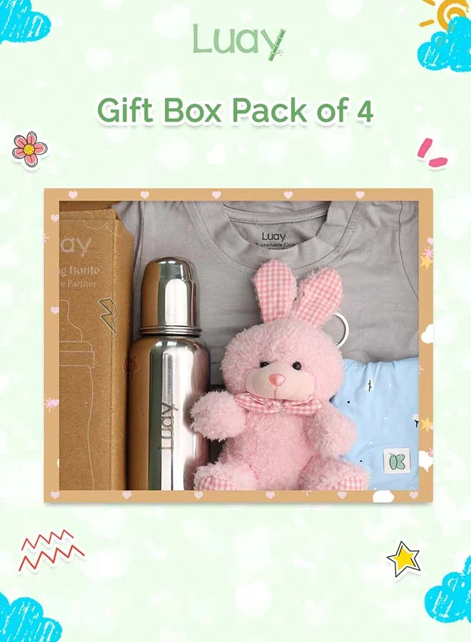 لؤي **مجموعة صندوق هدايا فاخرة** تضم **ملابس أطفال (Onesie)، زجاجة رضاعة للأطفال، مريلة أطفال، ودب تيدي لطيف** – أفضل سلة هدايا للرضع. 🎁👶🧸