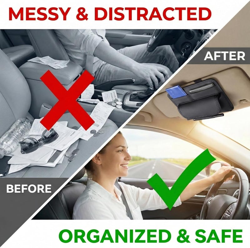 هولد سي واي حامل منظم حاجب الشمس للسيارة – حقيبة تخزين على حاجب الشمس للمركبات والشاحنات وسيارات الدفع الرباعي، إكسسوارات داخلية من الجلد الصناعي لوثائق التسجيل وبطاقة الوقود والنظارات الشمسية، مقاس عالمي (أسود) - Image 2