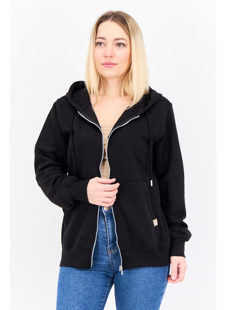 JUICE Women Hooded Long Sleeves Solid Full Zip Sweatshirt, Black  - Image 1
