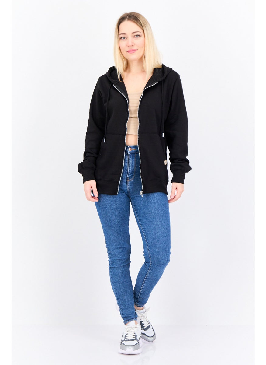 JUICE Women Hooded Long Sleeves Solid Full Zip Sweatshirt, Black  - Image 4