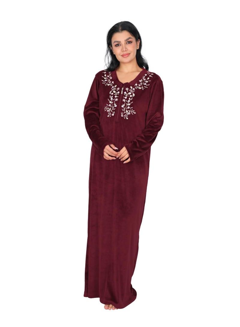 Dadoush Women's long nightgown with elegant embroidery, women's winter velvet abaya from Dadoush, modest maxi house dress for women - Image 1