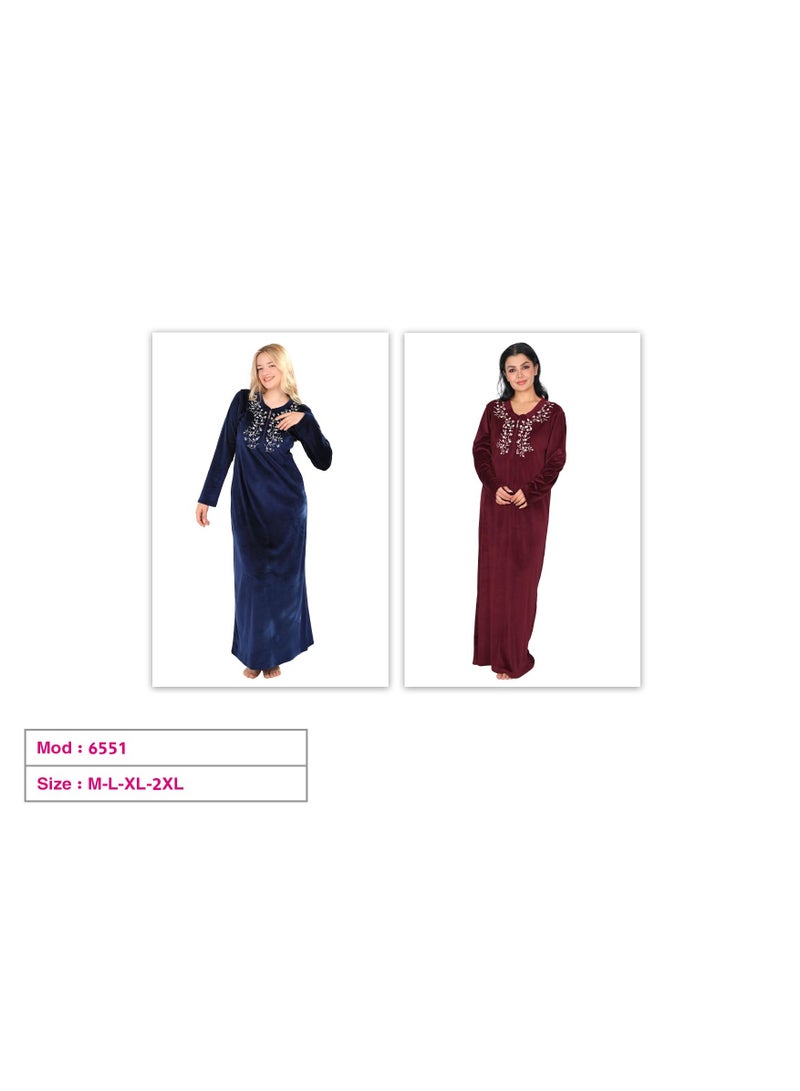 Dadoush Women's long nightgown with elegant embroidery, women's winter velvet abaya from Dadoush, modest maxi house dress for women - Image 4