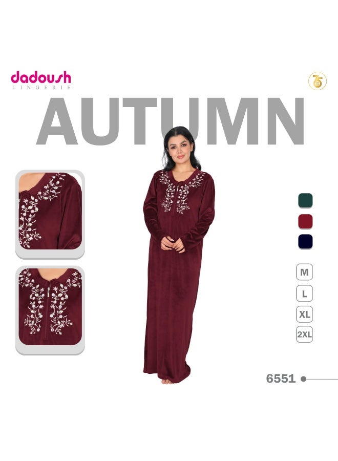 Dadoush Women's long nightgown with elegant embroidery, women's winter velvet abaya from Dadoush, modest maxi house dress for women - Image 2