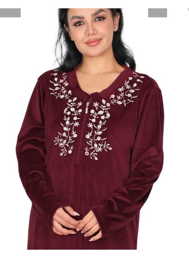 Dadoush Women's long nightgown with elegant embroidery, women's winter velvet abaya from Dadoush, modest maxi house dress for women - Image 3