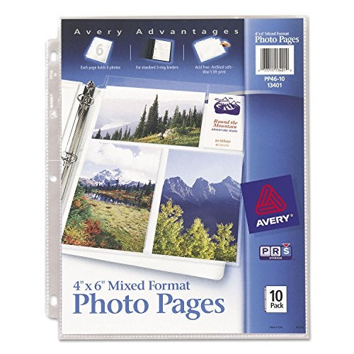 Avery Products - Avery - Photo Pages for Six 4 x 6 Mixed Format Photos, 3-Hole Punched, 10/Pack - Sold As 1 Pack - Heavy-gauge, clear polypropylene sheets. - Acid-free. - Archival-quality, won't lift print. - Three-hole punched. - - Image 1