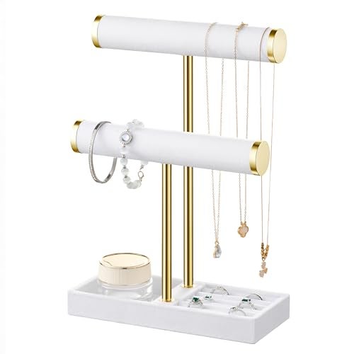 bussdis 2 Tier Bracelet Holder Display Detachable T Bar White Velvet Bracelet Holder Jewelry Holder Organizer for Bracelet Necklace Earrings Rings - Image 1